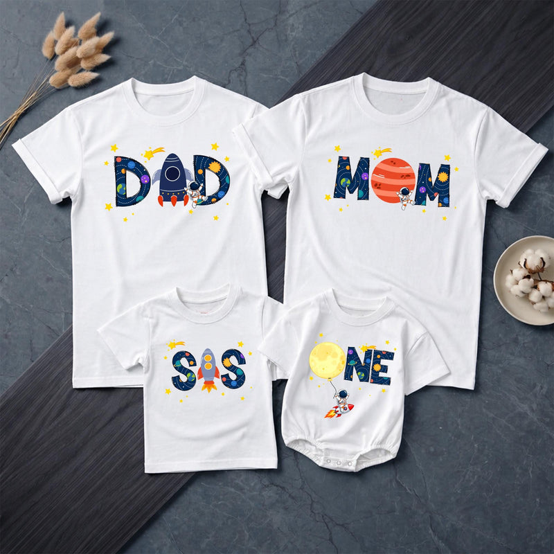 Personalized Space First Birthday Boy Romper and Family Shirts with Astronaut, Rocket, Planets, Stars, Custom Name and Age Celebration Outfit