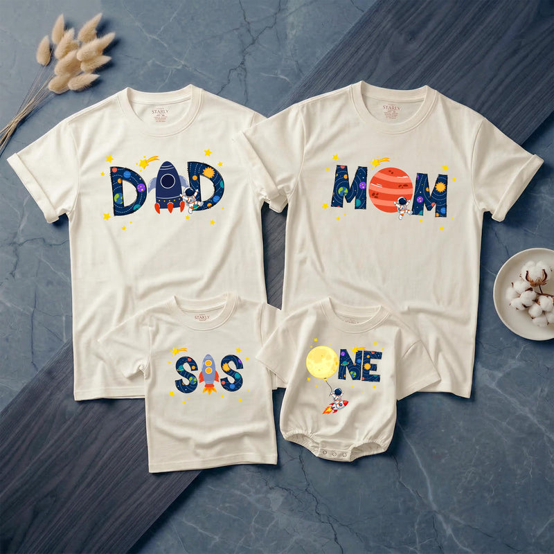 Personalized Space First Birthday Boy Romper and Family Shirts with Astronaut, Rocket, Planets, Stars, Custom Name and Age Celebration Outfit