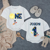 Personalized Space First Birthday Boy Romper and Family Shirts with Astronaut, Rocket, Planets, Stars, Custom Name and Age Celebration Outfit