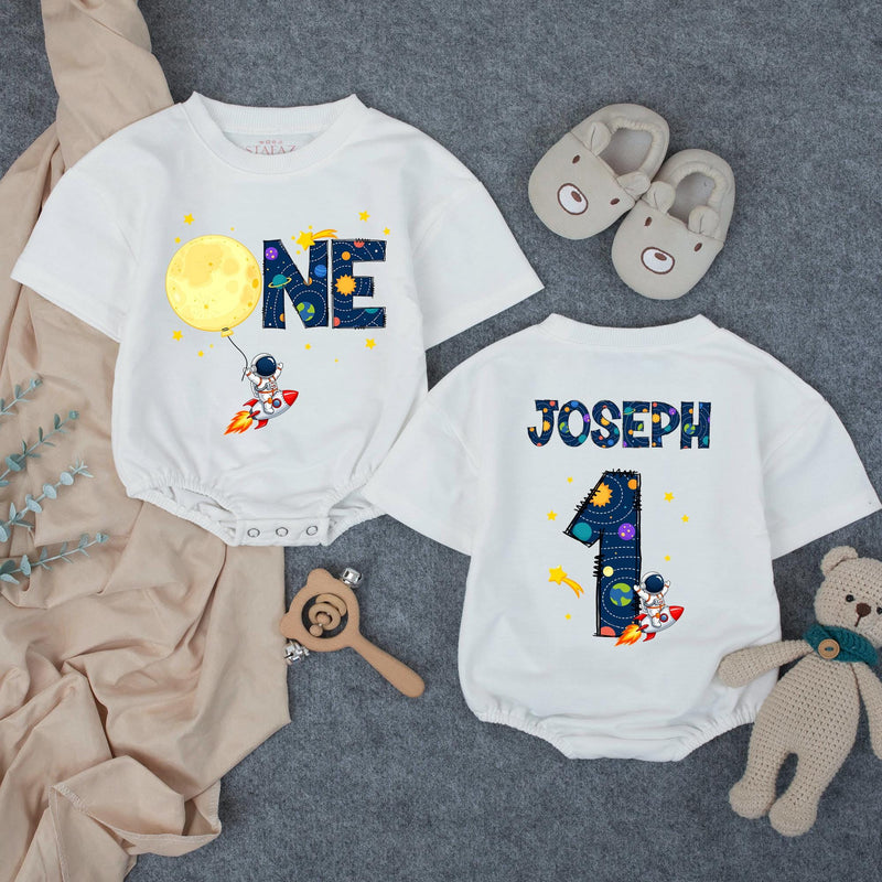 Personalized Space First Birthday Boy Romper and Family Shirts with Astronaut, Rocket, Planets, Stars, Custom Name and Age Celebration Outfit