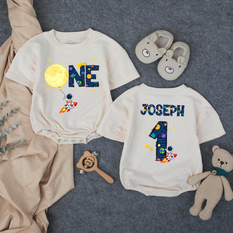 Personalized Space First Birthday Boy Romper and Family Shirts with Astronaut, Rocket, Planets, Stars, Custom Name and Age Celebration Outfit