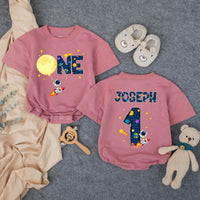 Personalized Space First Birthday Boy Romper and Family Shirts with Astronaut, Rocket, Planets, Stars, Custom Name and Age Celebration Outfit