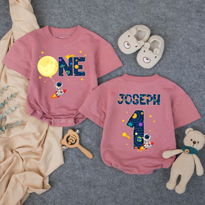 Personalized Space First Birthday Boy Romper and Family Shirts with Astronaut, Rocket, Planets, Stars, Custom Name and Age Celebration Outfit