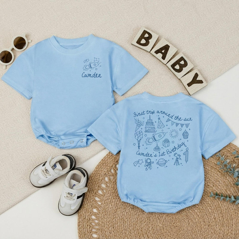 Personalized Space First Trip Around The Sun Baby Romper Custom 1st Birthday Outfit for Boy Astronaut Theme Soft Cotton Summer