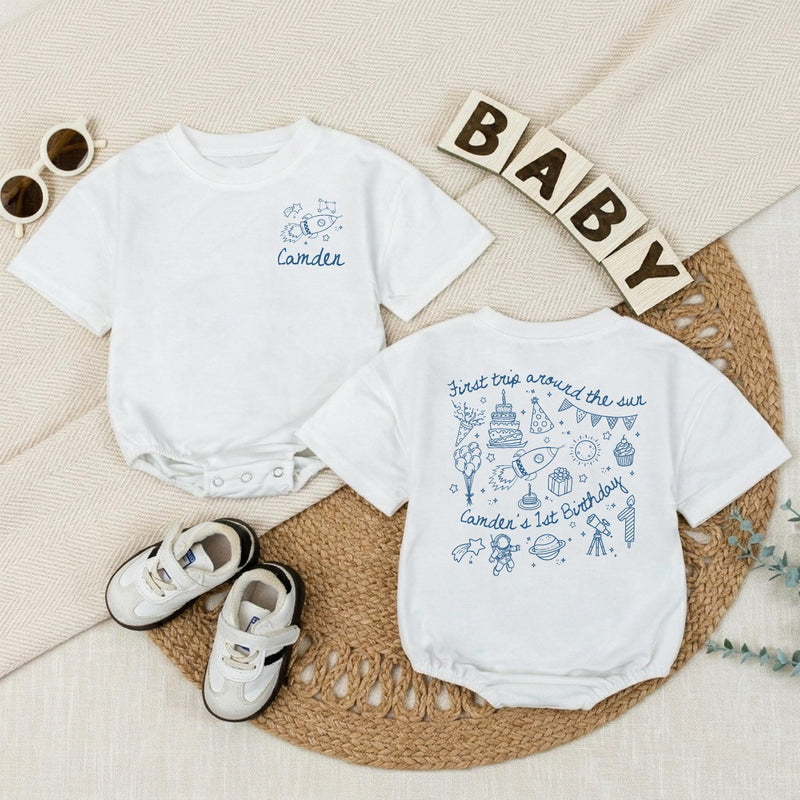 Personalized Space First Trip Around The Sun Baby Romper Custom 1st Birthday Outfit for Boy Astronaut Theme Soft Cotton Summer