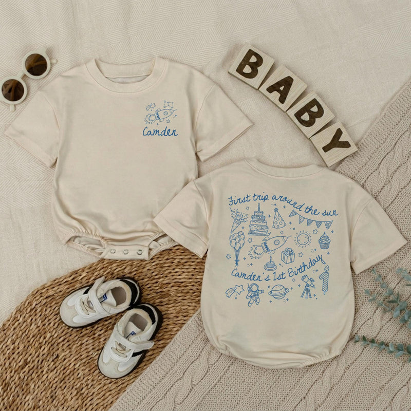Personalized Space First Trip Around The Sun Baby Romper Custom 1st Birthday Outfit for Boy Astronaut Theme Soft Cotton Summer