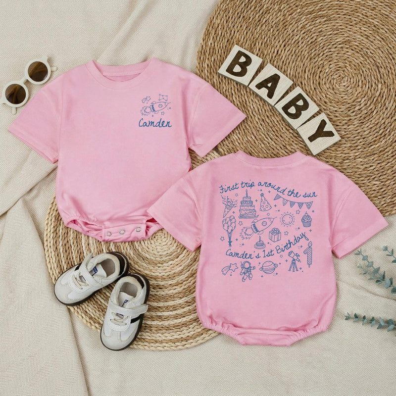 Personalized Space First Trip Around The Sun Baby Romper Custom 1st Birthday Outfit for Boy Astronaut Theme Soft Cotton Summer