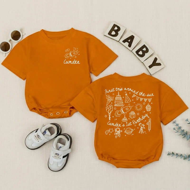 Personalized Space First Trip Around The Sun Baby Romper Custom 1st Birthday Outfit for Boy Astronaut Theme Soft Cotton Summer