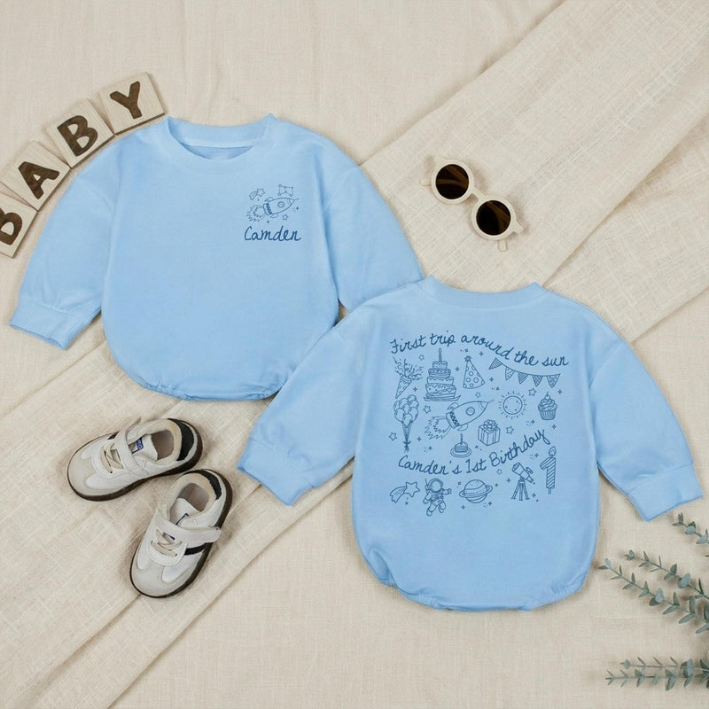 Personalized Space First Trip Around The Sun Baby Romper Custom 1st Birthday Outfit for Boy Astronaut Theme Soft Cotton Summer