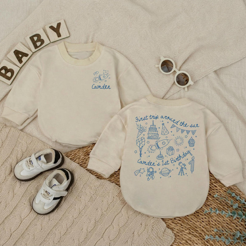 Personalized Space First Trip Around The Sun Baby Romper Custom 1st Birthday Outfit for Boy Astronaut Theme Soft Cotton Summer
