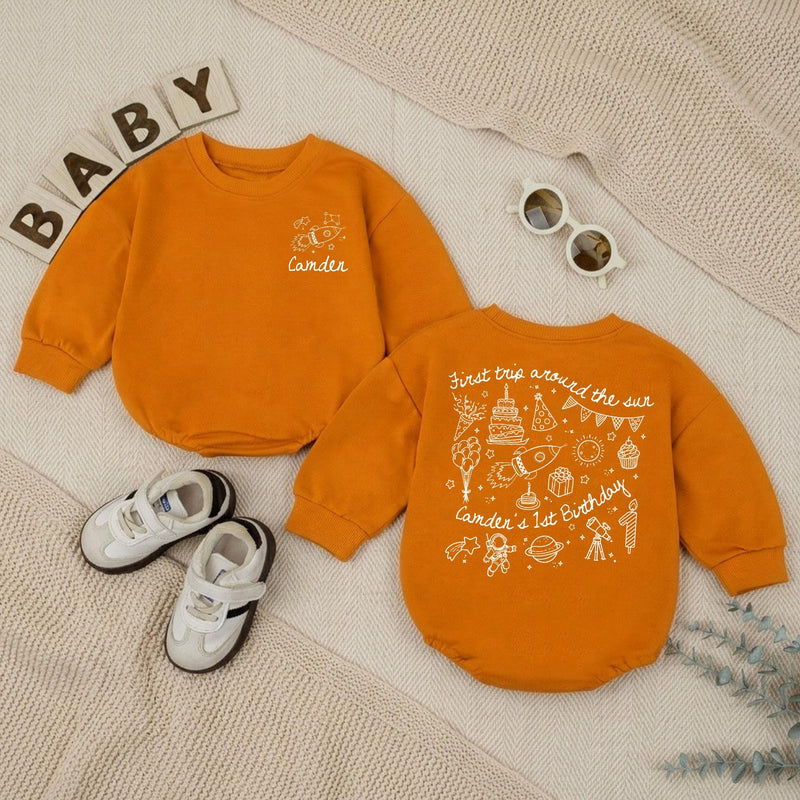 Personalized Space First Trip Around The Sun Baby Romper Custom 1st Birthday Outfit for Boy Astronaut Theme Soft Cotton Summer