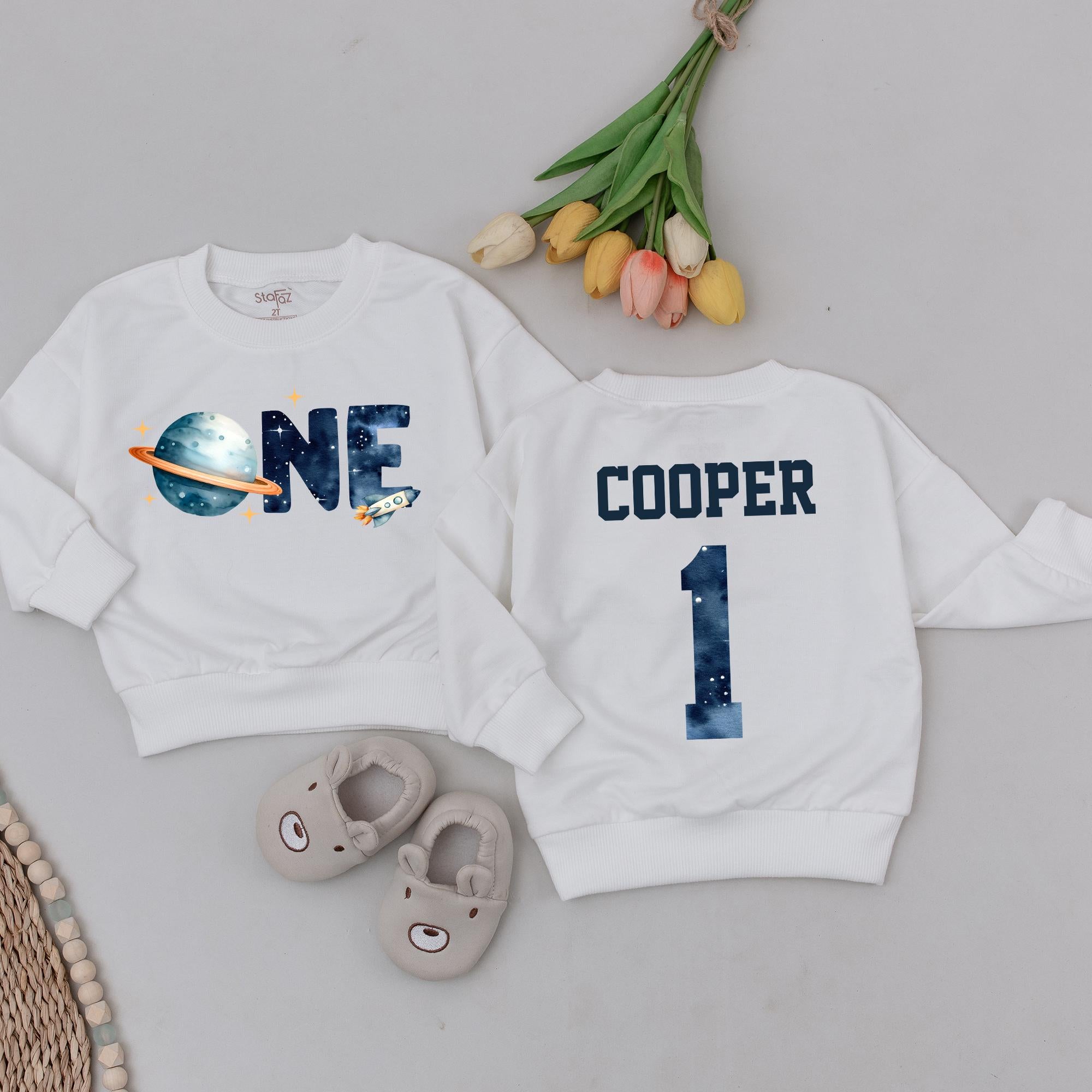 Personalized Space Theme 1st Birthday Sweatshirt for Boys with Galaxy Design, Custom Name and Age, Fun Rocket and Planet Details