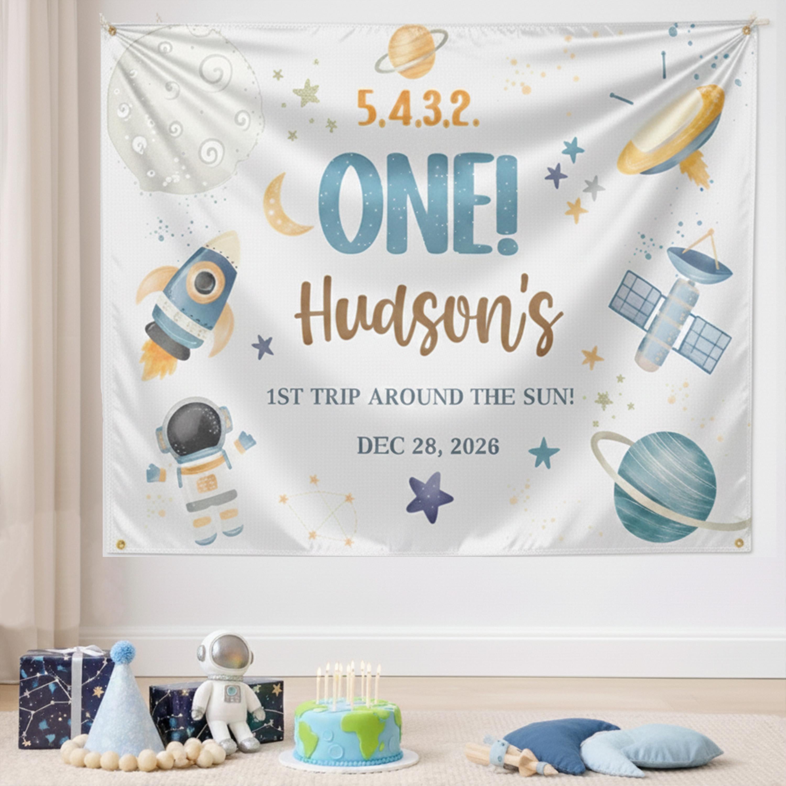 Personalized Space Theme First Birthday Banner with Rocket and Planets for Baby Boy Party Decor Custom Name Wall Backdrop
