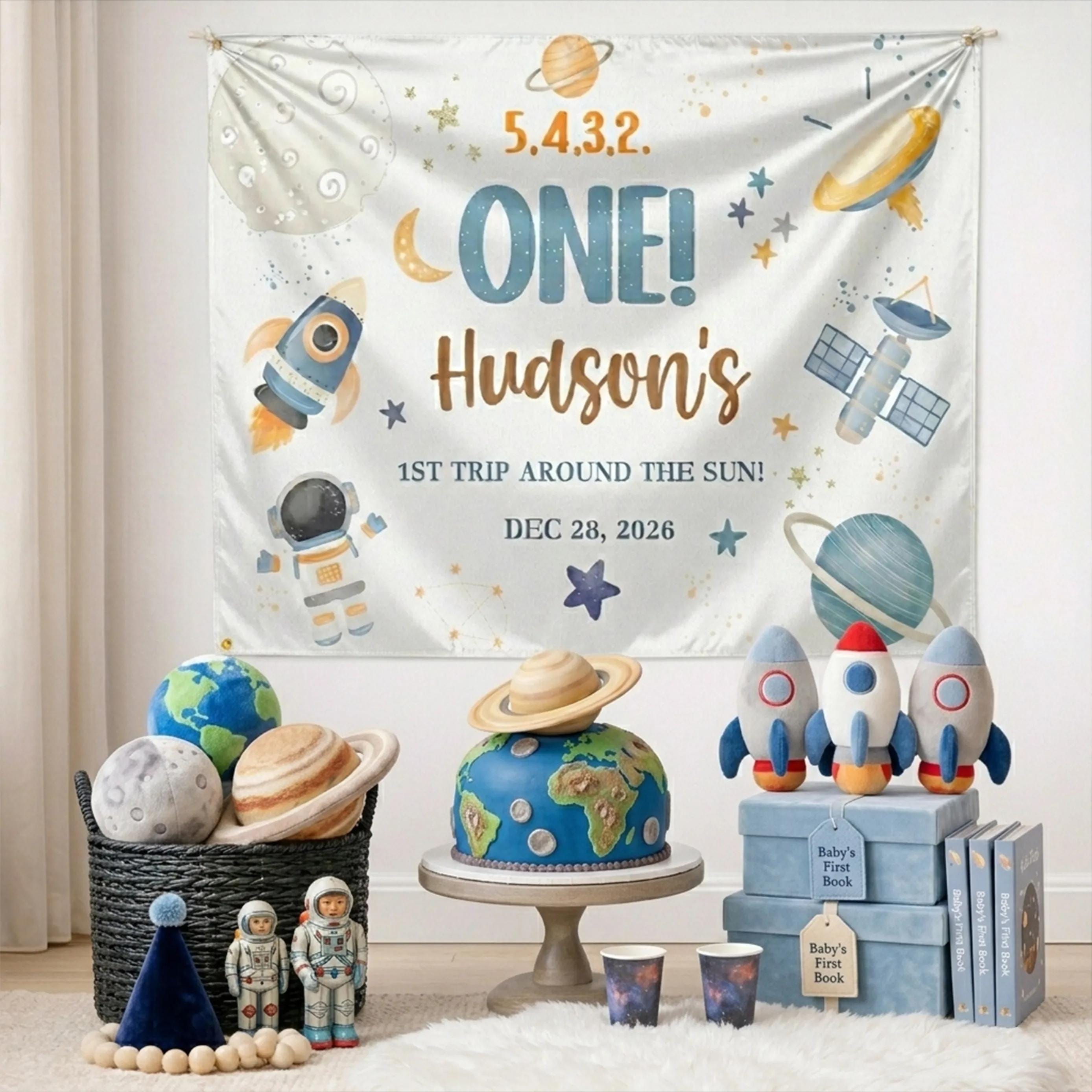 Personalized Space Theme First Birthday Banner with Rocket and Planets for Baby Boy Party Decor Custom Name Wall Backdrop