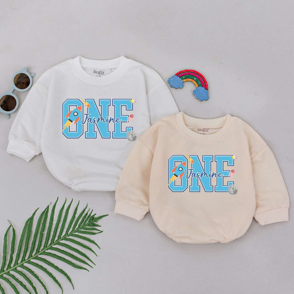Personalized Space-Themed First Birthday Romper for Baby Boy with Rocket Design Soft Cotton Outfit Custom Name One Year Celebration Gift