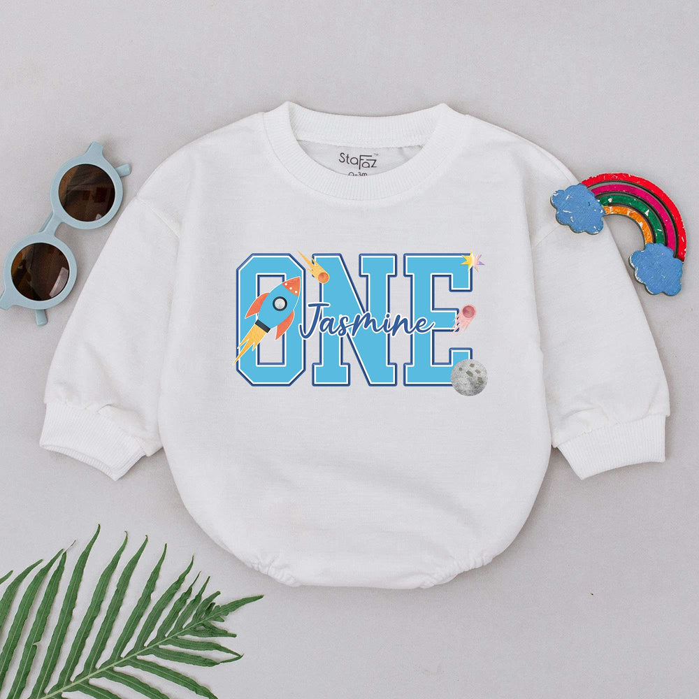 Personalized Space-Themed First Birthday Romper for Baby Boy with Rocket Design Soft Cotton Outfit Custom Name One Year Celebration Gift