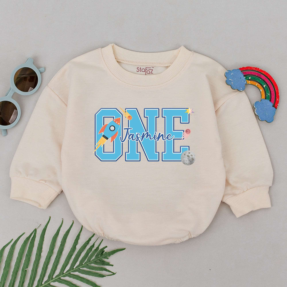 Personalized Space-Themed First Birthday Romper for Baby Boy with Rocket Design Soft Cotton Outfit Custom Name One Year Celebration Gift