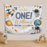 Personalized Space-Themed Silk Banner for Baby's 1st Birthday Party, Custom Name Decor with Astronauts, Planets, and Rocket Design