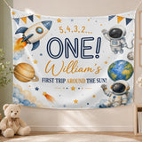 Personalized Space-Themed Silk Banner for Baby's 1st Birthday Party, Custom Name Decor with Astronauts, Planets, and Rocket Design