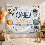 Personalized Space-Themed Silk Banner for Baby's 1st Birthday Party, Custom Name Decor with Astronauts, Planets, and Rocket Design