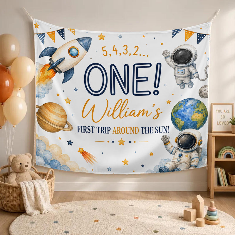 Personalized Space-Themed Silk Banner for Baby's 1st Birthday Party, Custom Name Decor with Astronauts, Planets, and Rocket Design