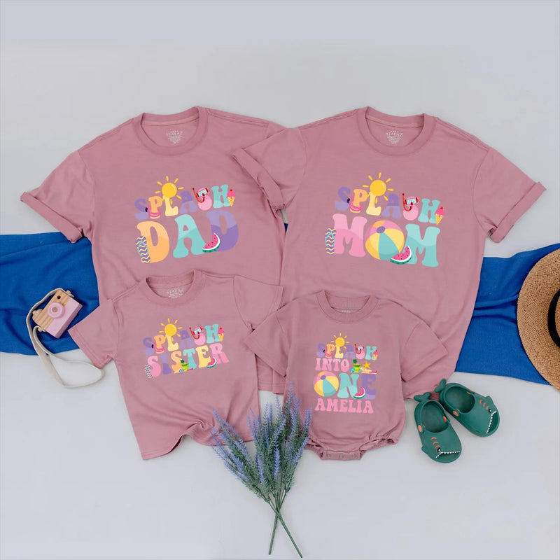 Personalized Splash Into One Birthday Family Shirts Custom Summer Pool Party Outfit Baby Girl Tropical Vacation Clothes Matching Gift