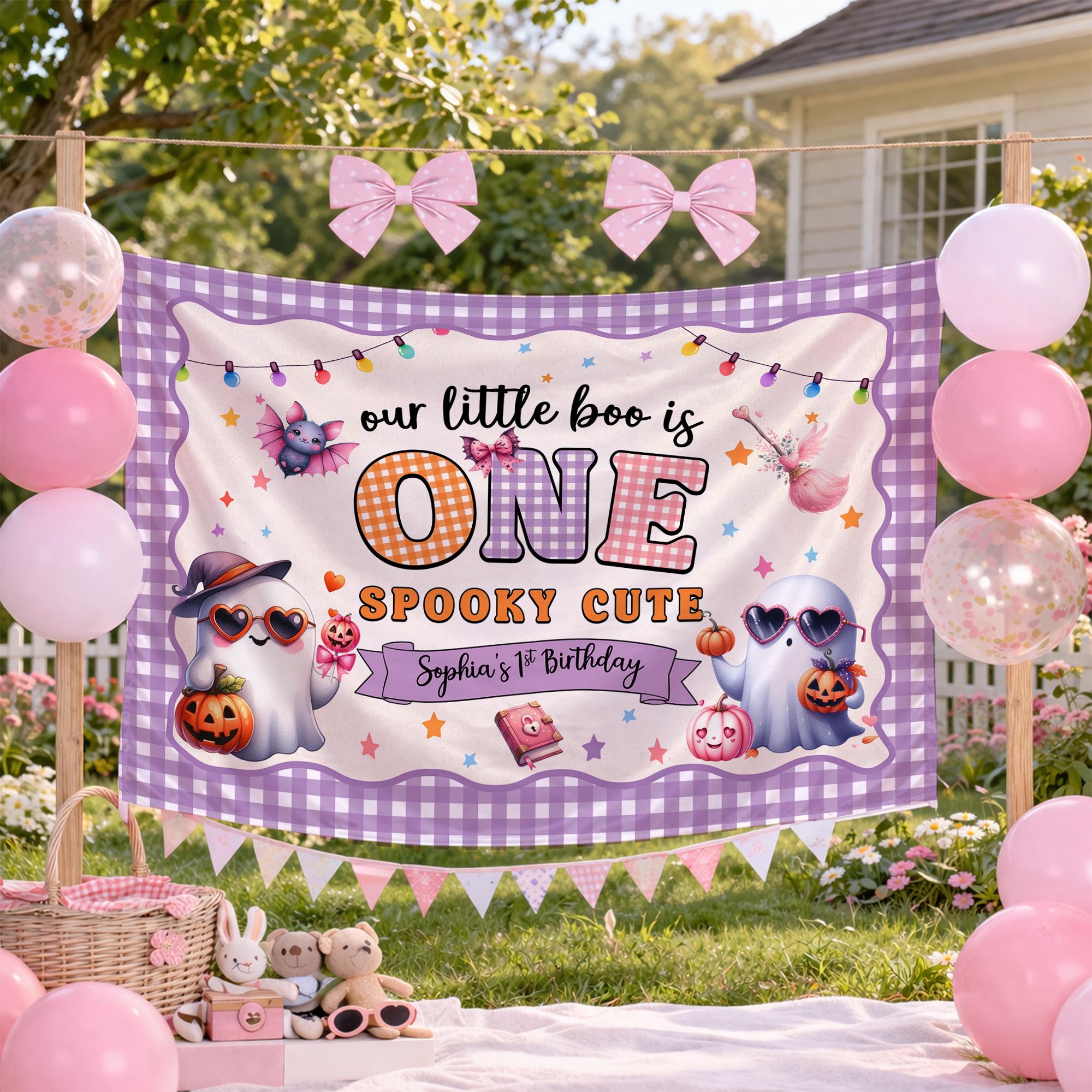 Personalized Spooky Cute 1st Birthday Backdrop with Pink Ghosts and Gingham Border for Baby or Toddler Party Decorations, Sophia's Celebration