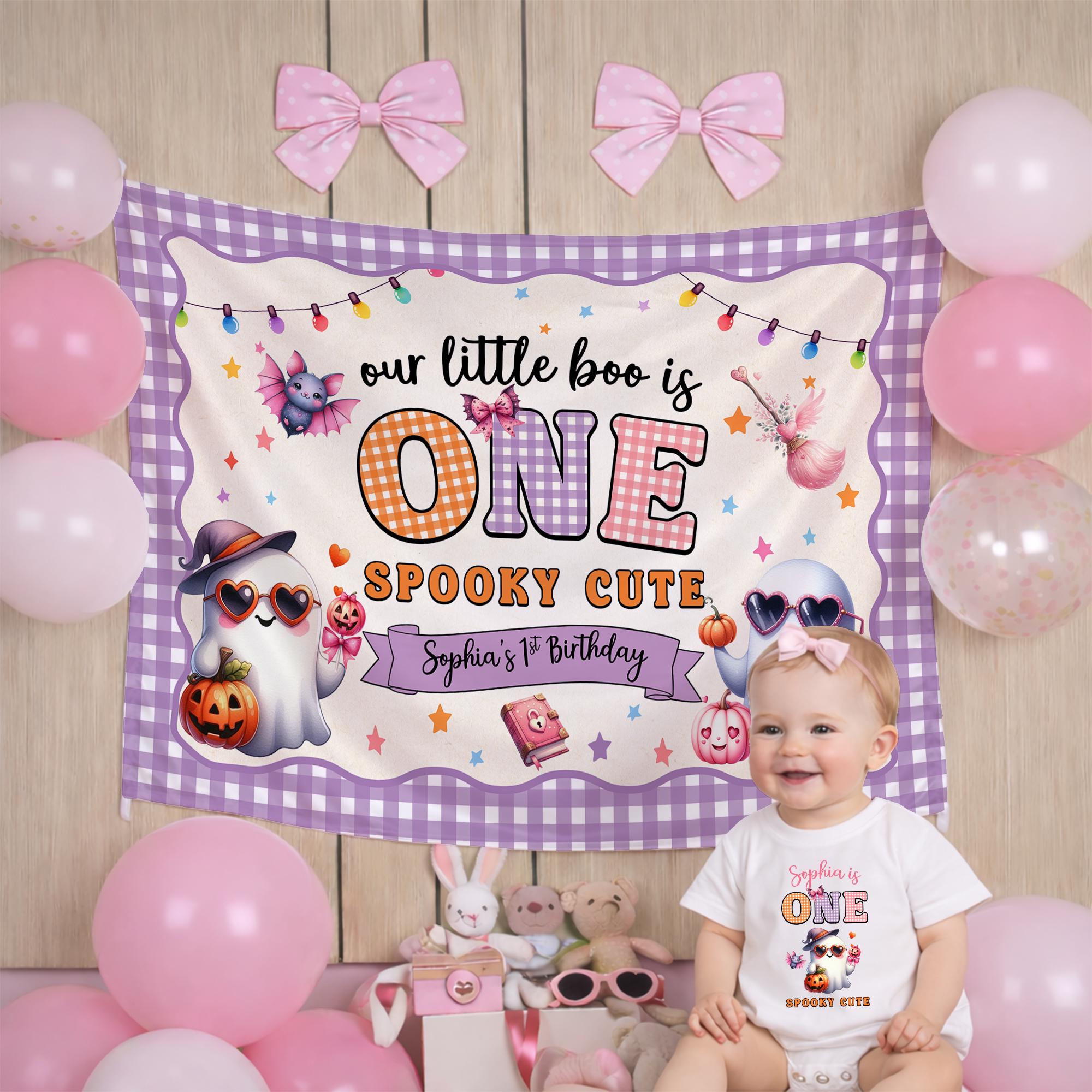 Personalized Spooky Cute 1st Birthday Backdrop with Pink Ghosts and Gingham Border for Baby or Toddler Party Decorations, Sophia's Celebration