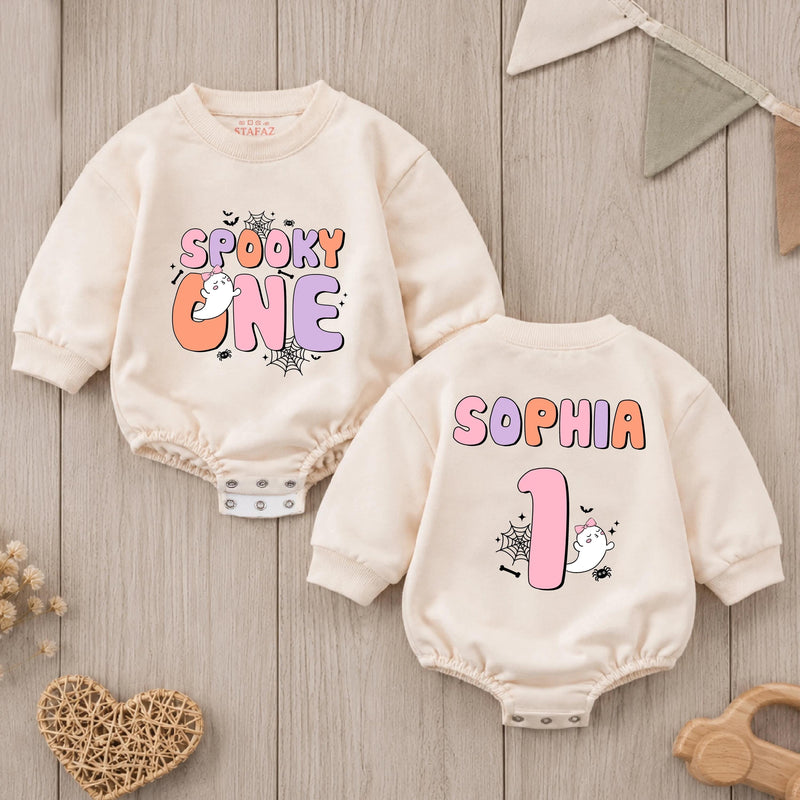 Personalized Spooky One Baby Romper for First Birthday, Halloween-Themed Outfit with Cute Ghost Print, Soft Cotton Long-Sleeve Design