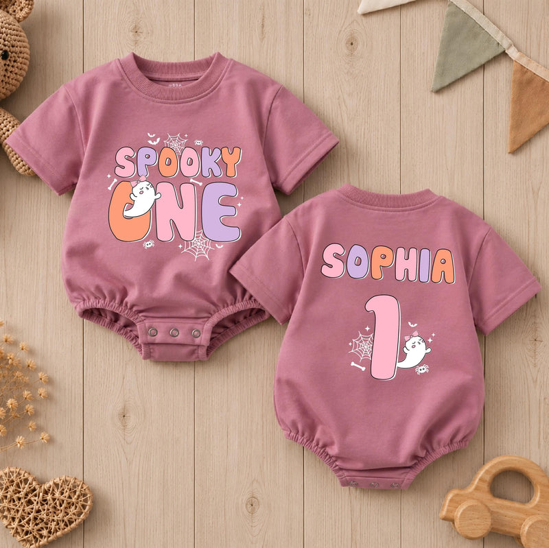 Personalized Spooky One Baby Romper for First Birthday, Halloween-Themed Outfit with Cute Ghost Print, Soft Cotton Long-Sleeve Design