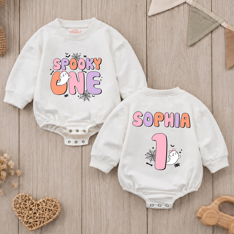 Personalized Spooky One Baby Romper for First Birthday, Halloween-Themed Outfit with Cute Ghost Print, Soft Cotton Long-Sleeve Design