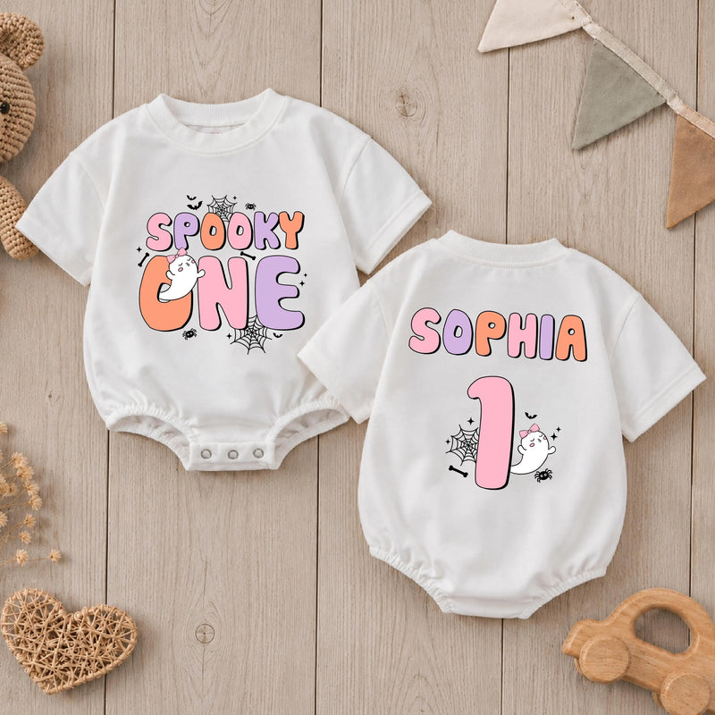 Personalized Spooky One Baby Romper for First Birthday, Halloween-Themed Outfit with Cute Ghost Print, Soft Cotton Long-Sleeve Design