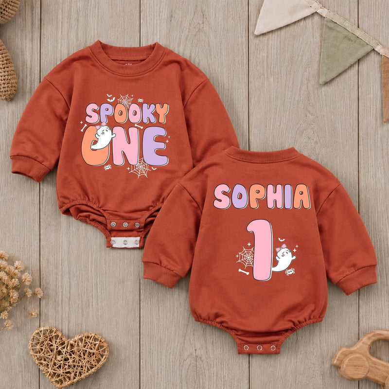 Personalized Spooky One Baby Romper for First Birthday, Halloween-Themed Outfit with Cute Ghost Print, Soft Cotton Long-Sleeve Design