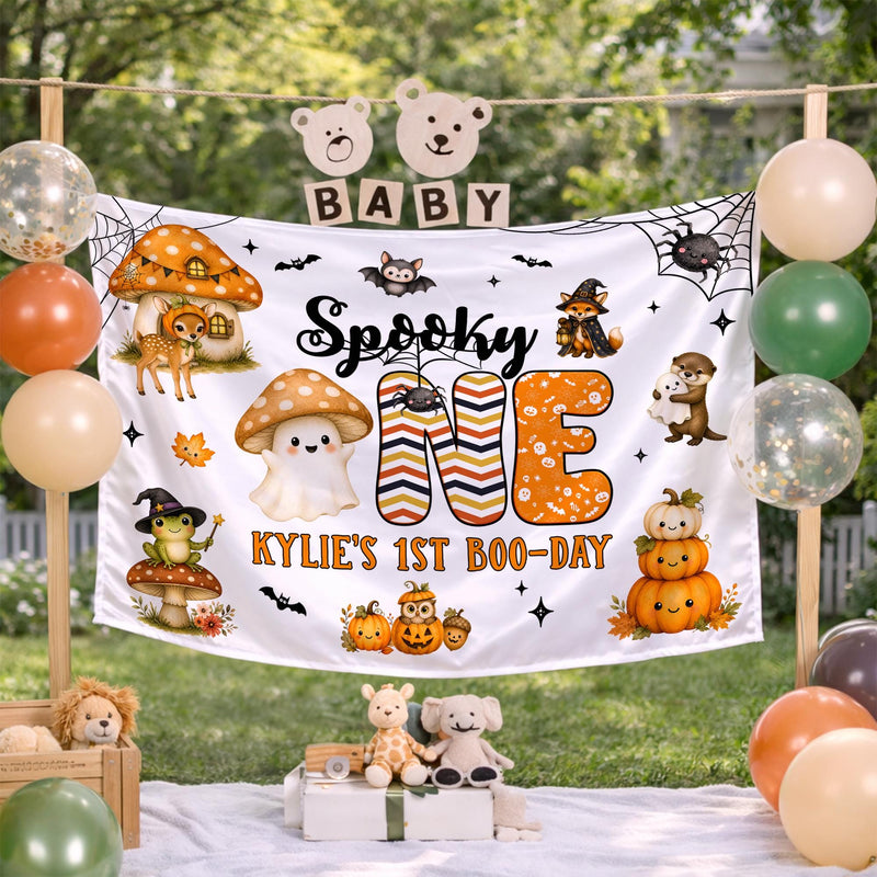Personalized Spooky ONE Birthday Banner for Kylie’s 1st Boo-Day, Halloween Party Decor with Cute Ghost, Fox, Pumpkins and Fall Elements