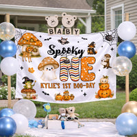 Personalized Spooky ONE Birthday Banner for Kylie’s 1st Boo-Day, Halloween Party Decor with Cute Ghost, Fox, Pumpkins and Fall Elements