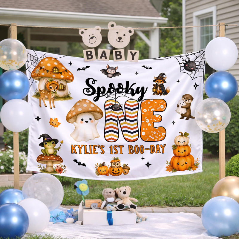 Personalized Spooky ONE Birthday Banner for Kylie’s 1st Boo-Day, Halloween Party Decor with Cute Ghost, Fox, Pumpkins and Fall Elements
