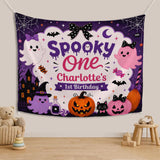 Personalized Spooky One Halloween Birthday Silk Banner with Ghosts, Pumpkins & Bats for Baby's 1st Birthday Party Photo Backdrop