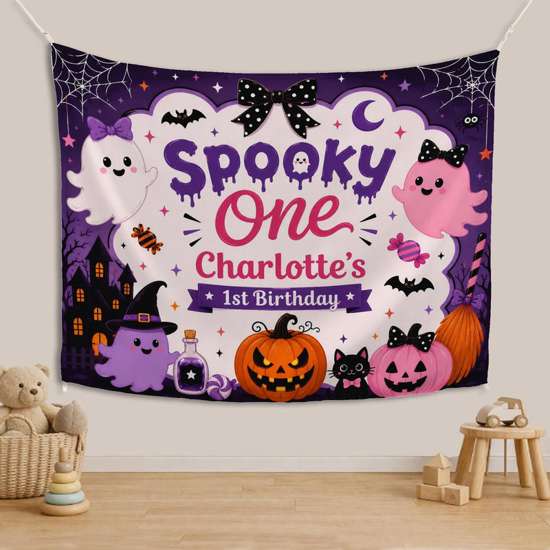 Personalized Spooky One Halloween Birthday Silk Banner with Ghosts, Pumpkins & Bats for Baby's 1st Birthday Party Photo Backdrop