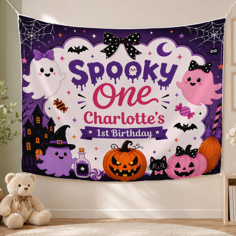 Personalized Spooky One Halloween Birthday Silk Banner with Ghosts, Pumpkins & Bats for Baby's 1st Birthday Party Photo Backdrop