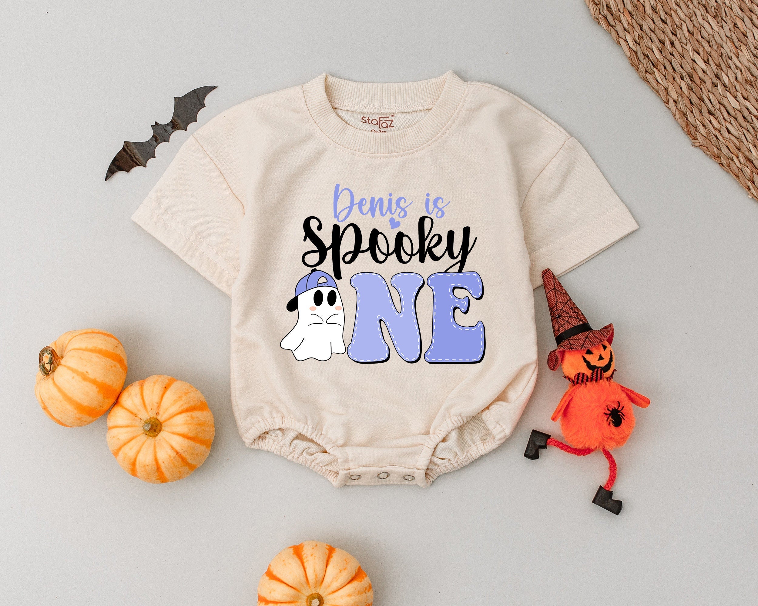 Personalized Spooky One Romper for Baby Boys and Girls Halloween Outfit with Ghost and Pink Bow Vintage Style First Holiday Costume