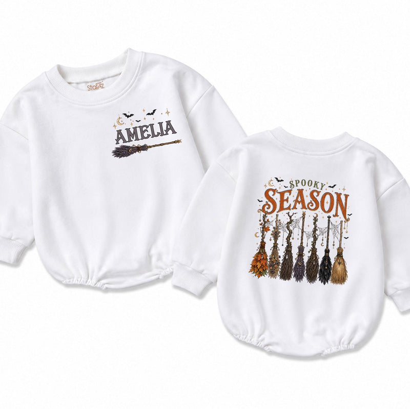 Personalized Spooky Season Baby Romper with Witch Broom Graphic Soft Cotton Infant Outfit Halloween Baby Bodysuit for Girls 0-24M Fall Gift