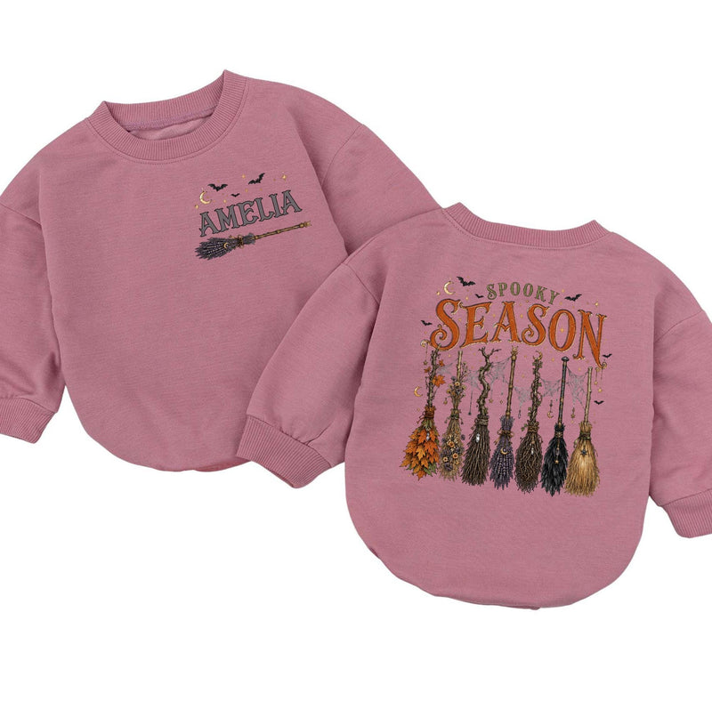 Personalized Spooky Season Baby Romper with Witch Broom Graphic Soft Cotton Infant Outfit Halloween Baby Bodysuit for Girls 0-24M Fall Gift