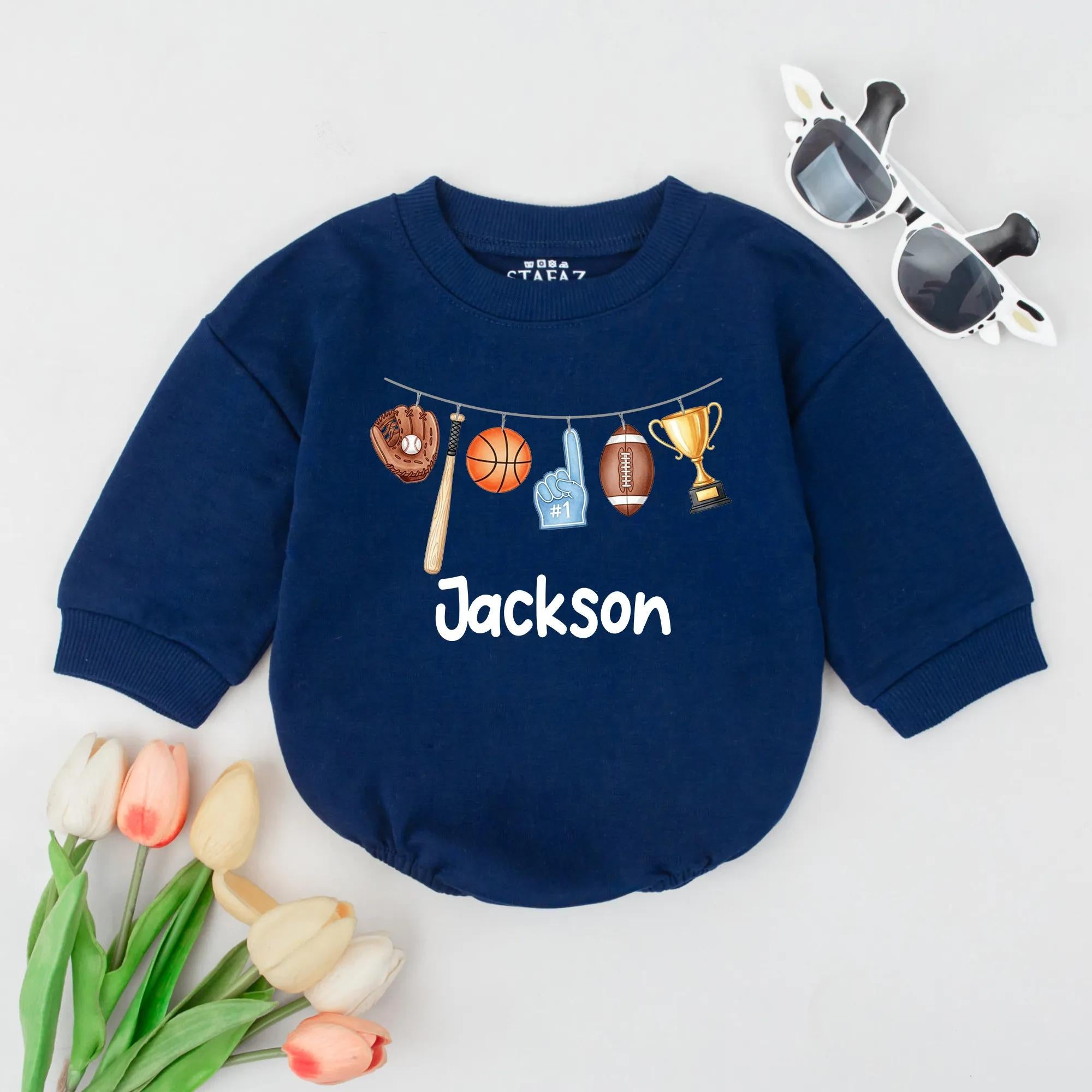 Personalized Sports Baby Romper with Baseball Bat and Trophy Custom Name Outfit for Toddler Game Day Gift Soft Cotton Gender Reveal Clothing