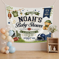 Personalized Sports Baby Shower Backdrop Noah’s Little Rookie Sign Football Theme Navy Blue Green Party Banner It’s a Boy Decoration