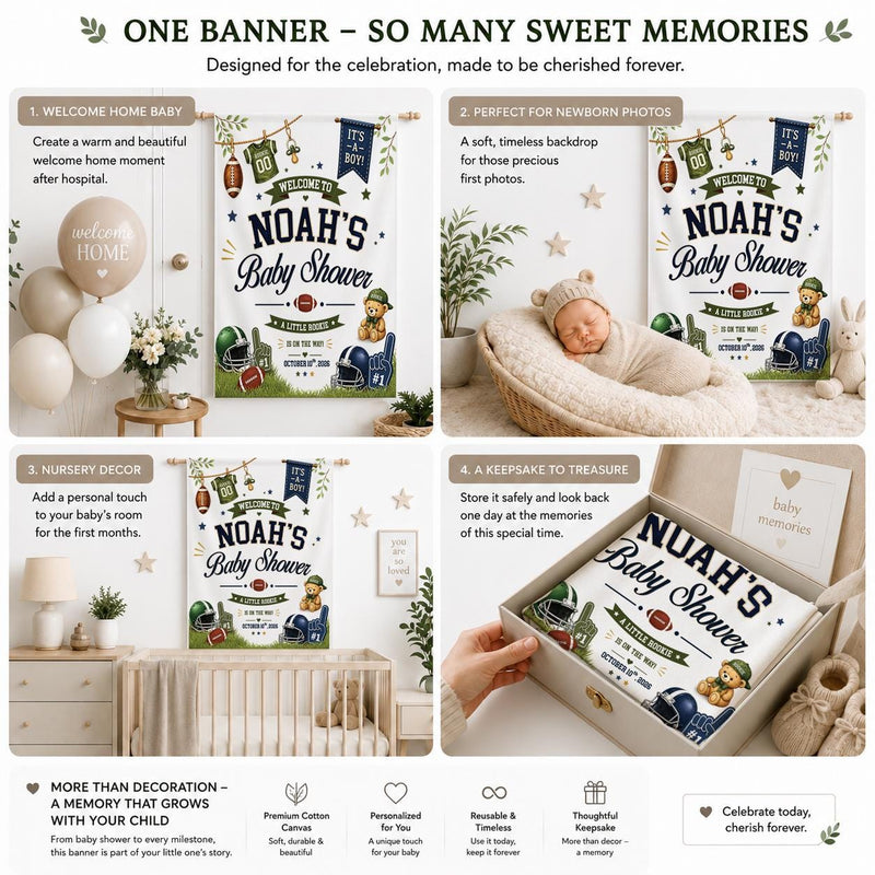 Personalized Sports Baby Shower Backdrop Noah’s Little Rookie Sign Football Theme Navy Blue Green Party Banner It’s a Boy Decoration