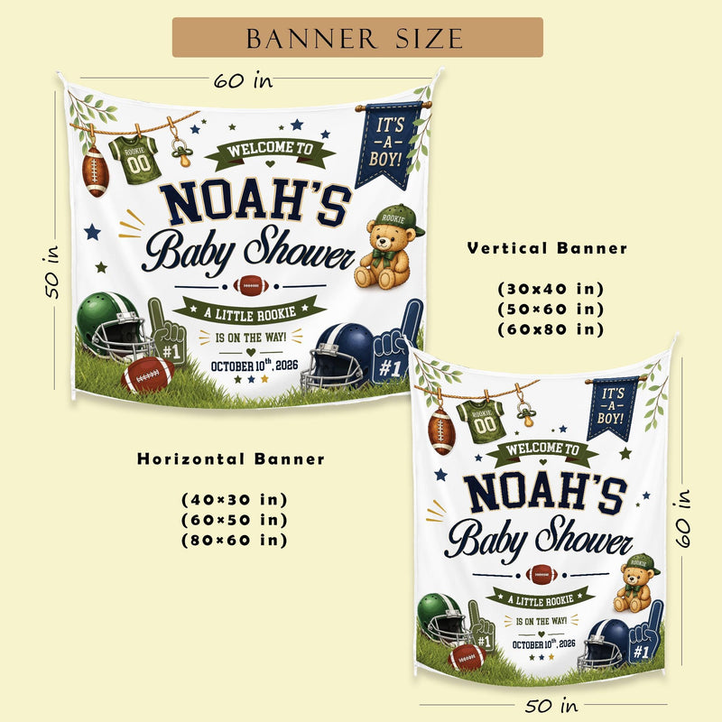 Personalized Sports Baby Shower Backdrop Noah’s Little Rookie Sign Football Theme Navy Blue Green Party Banner It’s a Boy Decoration