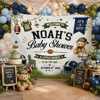 Personalized Sports Baby Shower Backdrop Noah’s Little Rookie Sign Football Theme Navy Blue Green Party Banner It’s a Boy Decoration