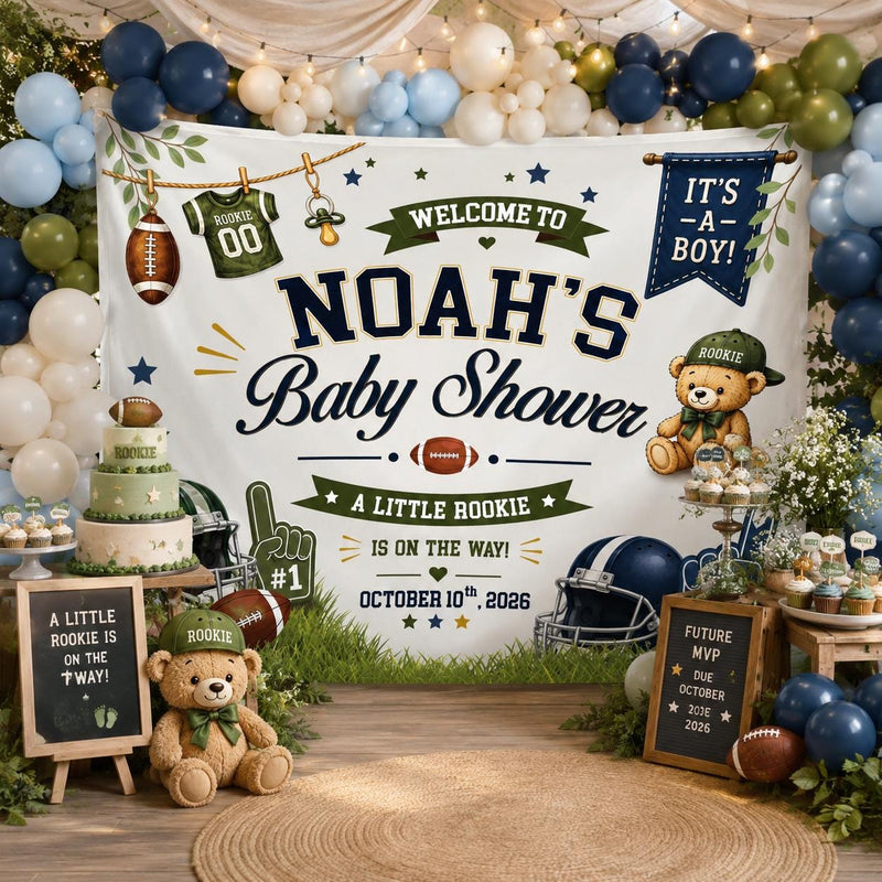 Personalized Sports Baby Shower Backdrop Noah’s Little Rookie Sign Football Theme Navy Blue Green Party Banner It’s a Boy Decoration