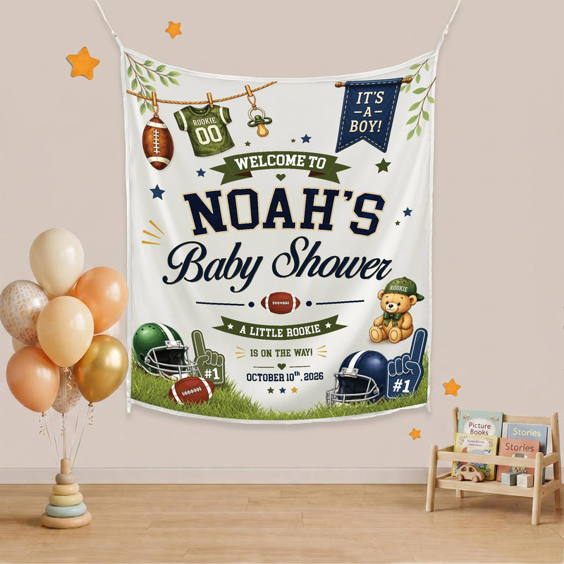 Personalized Sports Baby Shower Backdrop Noah’s Little Rookie Sign Football Theme Navy Blue Green Party Banner It’s a Boy Decoration