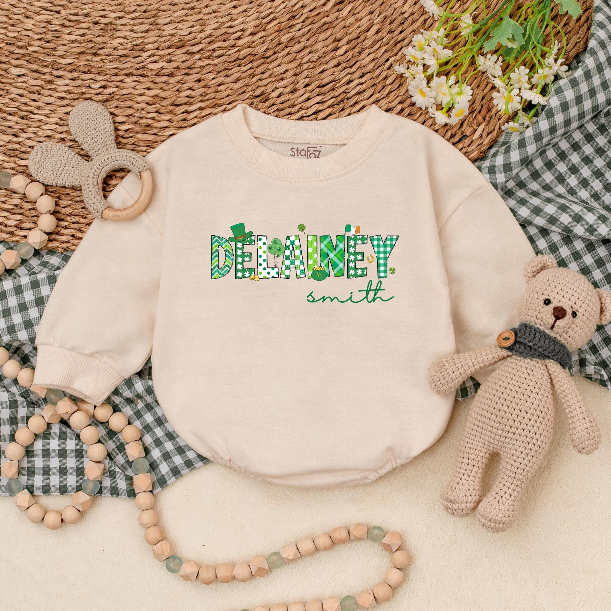 Personalized St Patrick's Day Baby Romper with Delainey Design Soft Cotton Clover Outfit Custom Infant Gift Holiday Green White Theme